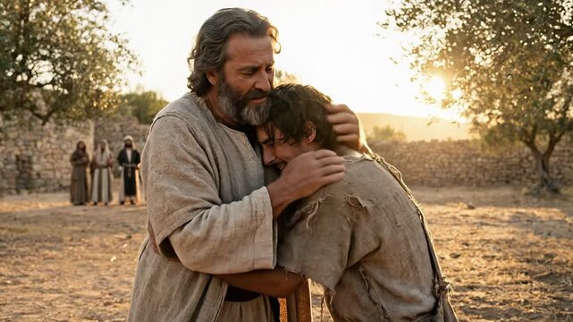 Jesus Christ Embracing and Forgiving Repentant Man Depicting Parable of The Prodigal Son and Divine Mercy in Biblical Scene