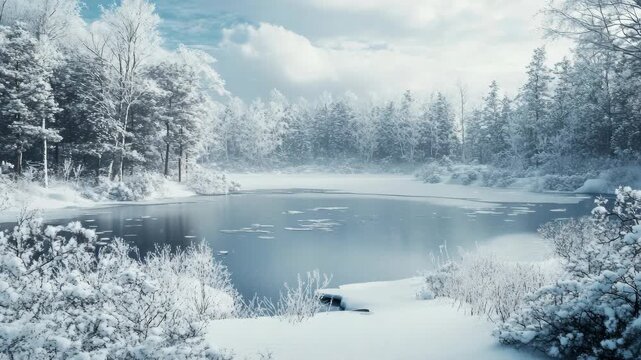 Chilly snow-covered winter tranquility with still frozen lake and white mist in the distance, perfect for nature lovers or seasonal promotions.