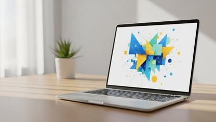 Modern laptop with abstract geometric technology design on screen. Bright, clean workspace with a wooden desk, potted plant, and window light, symbolizing innovation and digital co