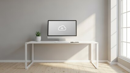 Modern computer monitor with cloud upload icon on a minimalist white desk in a bright, sunlit office room, representing data transfer, online storage, and digital connectivity for