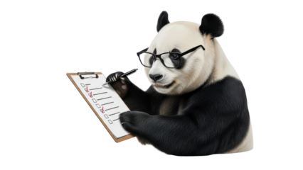 Panda Wearing Glasses Writing on Clipboard with Checklist isolated PNG with Transparent Background