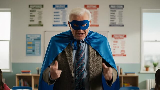 Inspirational teacher engages students with creativity. He wears superhero costume and motivates class. Learning environment filled with excitement and joy.