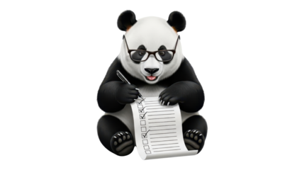 Cute Panda Wearing Glasses Writing on Checklist Illustration isolated PNG with Transparent Background
