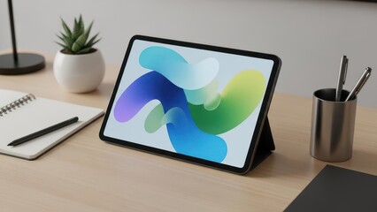 Modern Digital Tablet with Abstract Colorful Wallpaper on Minimalist Wooden Desk. Clean Home Office Setup Featuring Notebook, Pen, and Succulent, Ideal for Productivity and Technol