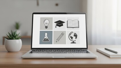 Laptop on wooden desk displaying various educational icons like a graduation cap, book, lightbulb, flask, pencil, and globe, symbolizing online learning, remote education, knowledg