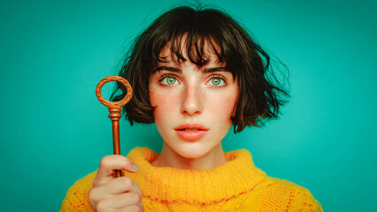 Femme tenant une grosse cl&eacute; devant elle