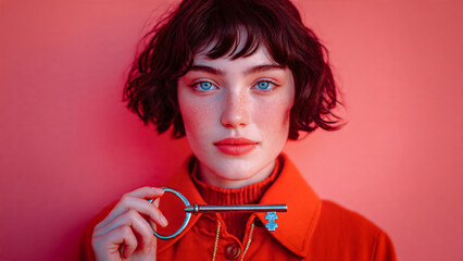 Femme tenant une grosse cl&eacute; devant elle