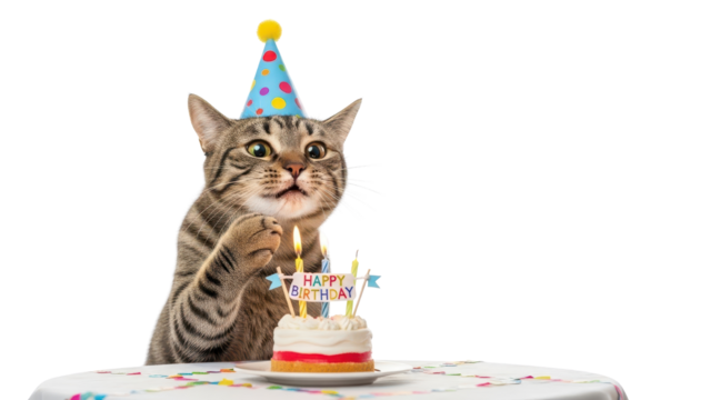Tabby Cat Wearing Blue Birthday Hat with Small Cake and Candles isolated PNG with Transparent Background - Powered by Adobe