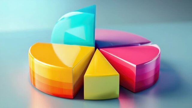 3D pie chart with four distinct sections of colorful puzzle shapes on gray surface.