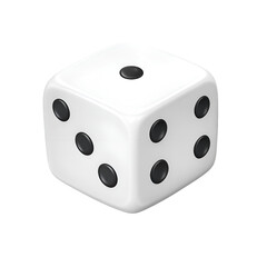 A single white game die showing one two and four pips on its visible sides