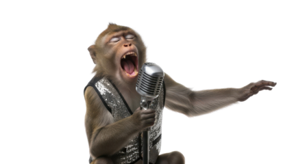 Monkey in Silver Sequin Vest Singing into Vintage Microphone isolated PNG with Transparent Background