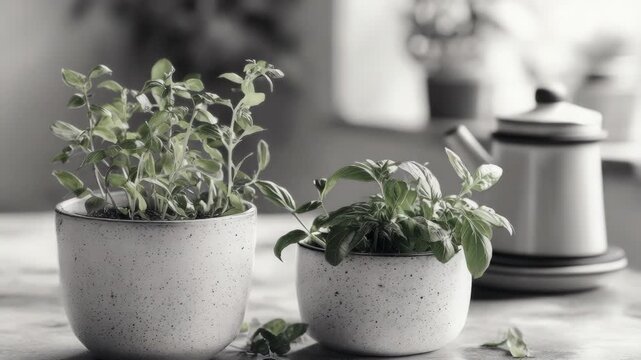 Bottles of oils and seasonings surround two small pots with green plants in them.