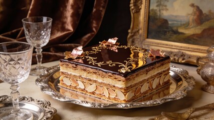 Luxurious Mille Feuille Cake with Chocolate Glaze and Gold Filigree