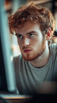 A man with a disheveled appearance has red hair and a full beard. He is looking off to his right with an unnerving look on his face.