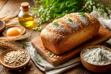 Naklejka premium Artisanal whole grain bread loaf with oats, seeds, and flour on rustic wooden table