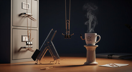 A Coffee Break: A playful scene features a charming ceramic coffee cup, a collection of office supplies, creating a whimsical moment.