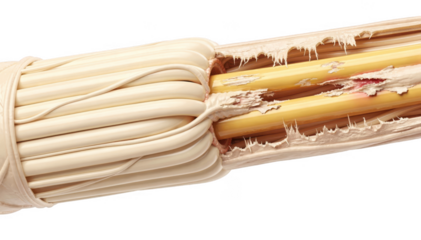 Closeup color illustration of a healthy axon with a thick intact myelin sheath contrasted against a demyelinated axon showing a damaged thinned layer in vivid detail on white