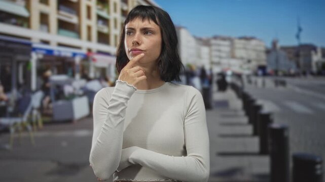 Young hispanic woman wearing a light crop top and resting her hand on her chin with thoughtful look standing in street; thinking.