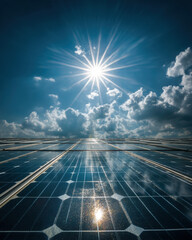 Vertical close-up of solar panel grid with sun glare, mounting rails, and blue texture © Yurii Semonov