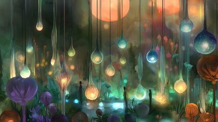 Magical Glowing Bioluminescent Flowers in Enchanting Twilight Garden