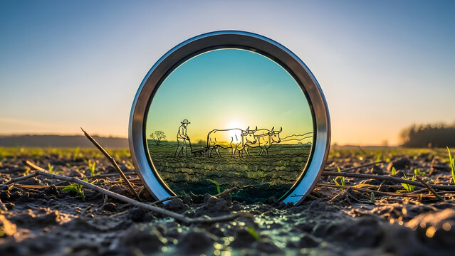 Landscape reflected in a lens on a farm field during sunrise with a tractor visible - Powered by Adobe