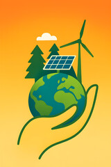 Earth in hand with solar panels, wind turbines, eco friendly renewable energy design  