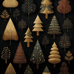 Elegant and Vibrant Tree Patterns in Gold and Dark Background