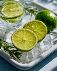 Lime slices, rosemary sprigs, and ice cubes arranged on tray for drink garnish