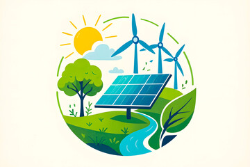 Renewable energy illustration with solar panels, wind turbines, eco friendly nature design