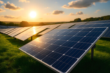 Solar farm with panels, renewable energy field, sustainable power source