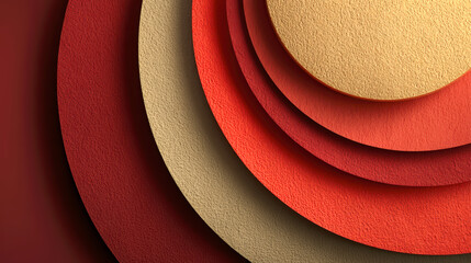 Luxury decorative layered circles with textured surfaces in elegant red and gold tones