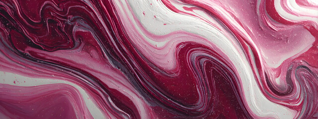 Fototapeta premium Vibrant pink and white marbled paint swirls creating an abstract, fluid, and organic pattern with a smooth texture, perfect for artistic backgrounds and creative designs