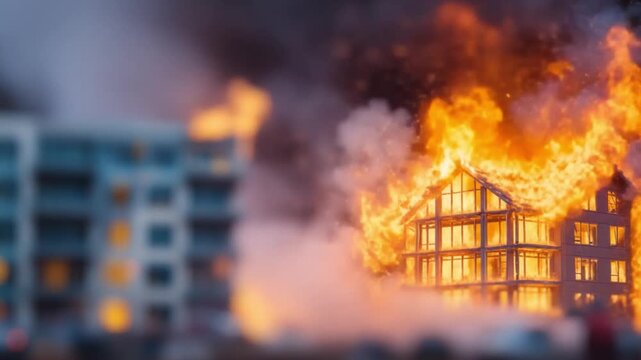 Inferno's Embrace: Flames engulf a building, painting a dramatic scene of destruction, smoke billowing into the atmosphere. Capturing a moment of powerful disaster and urban devastation.