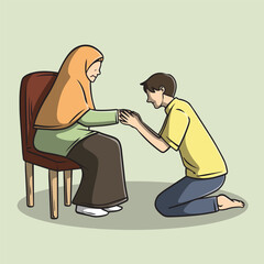 Indonesian Eid al-Fitr Forgiveness Tradition Sungkem to Parents Illustration