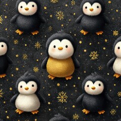 Cute Cartoon Penguins with Golden Snowflakes on Dark Background