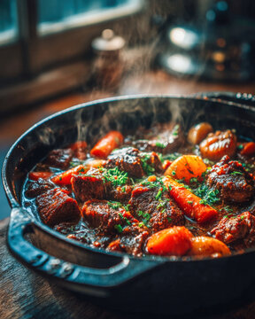 Beef and pork stew simmering with carrots and herbs in cast iron pot
