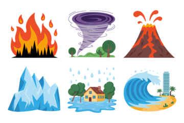 Natural disasters flat icon set featuring wildfire tornado volcano eruption iceberg flood and tsunami wave