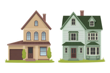 Pair of two story suburban houses with garages and front yards isolated on transparent background modern architecture