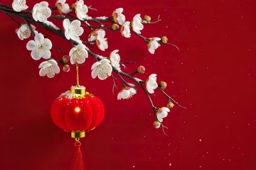 Chinese lantern hanging from plum blossom branch, snow-dusted flowers, red monochrome background, soft glowing light, calm and poetic atmosphere, ultra high resolution, wallpaper style
