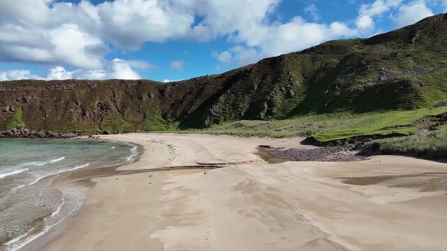 Drone flight over remote sandy beach in the north-west Scottish Highlands, Wester Ross