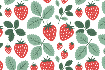 Seamless pattern of ripe red strawberries with green leaves on transparent background