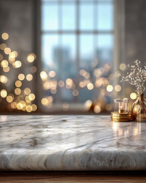 Vertical white marble background with warm bokeh lights, smooth stone texture space