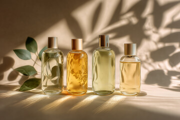 Natural Skincare Products Arranged in Glass Bottles on a Light Surface With Shadows From Leaves