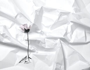 Pale rose lies on crinkled white paper, creating a minimalist and elegant contrast