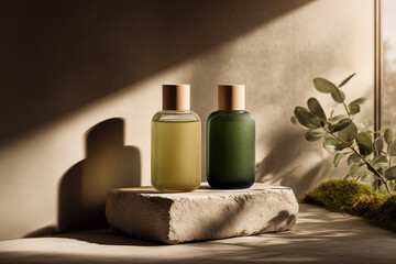 Unique Glass Skincare Bottles Arranged on a Stone Pedestal With Natural Light Casting Shadows in a Simple Setting