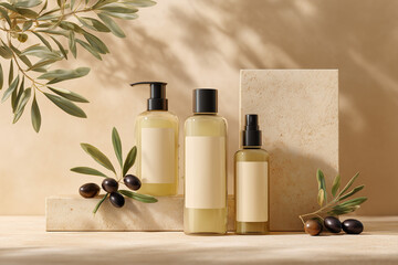 Olive Oil Skincare Bottles Displayed on a Table With Branches and Olive Fruits