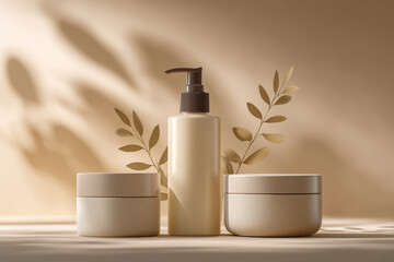 Cosmetic Packaging Mockup of Unlabeled Serum Bottles and Jars on a Neutral Background