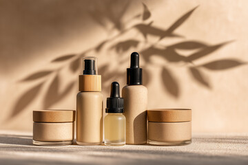 Cosmetic Packaging Mockup of Unlabeled Serum Bottles and Jars With Natural Shadows