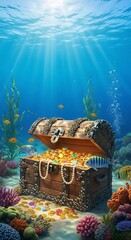 Sunlit ocean floor reveals an ancient wooden chest overflowing with gold coins and jewelry
