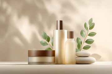 Friendly Cosmetic Packaging With Glass Jars and Bottles Placed on a Neutral Surface Surrounded by Green Leaves and Stones